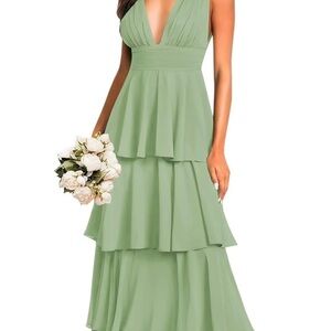 Green Asymmetrical Maxi Dress with Plunge Neckline